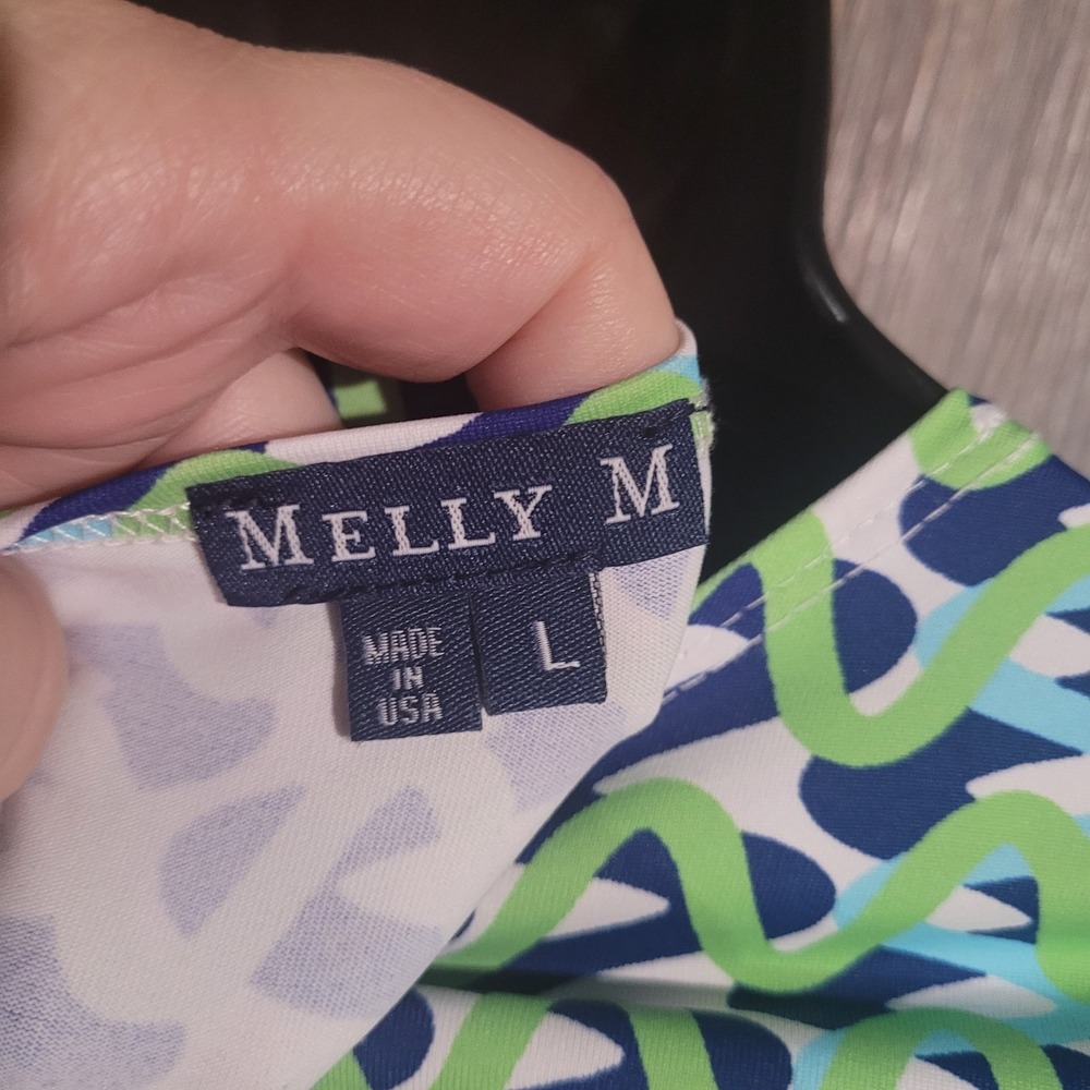 Melly M Geometric Resortwear Dress Size Large Green/Blue Cooling Stretch 3/4 Slv - Picture 8 of 9